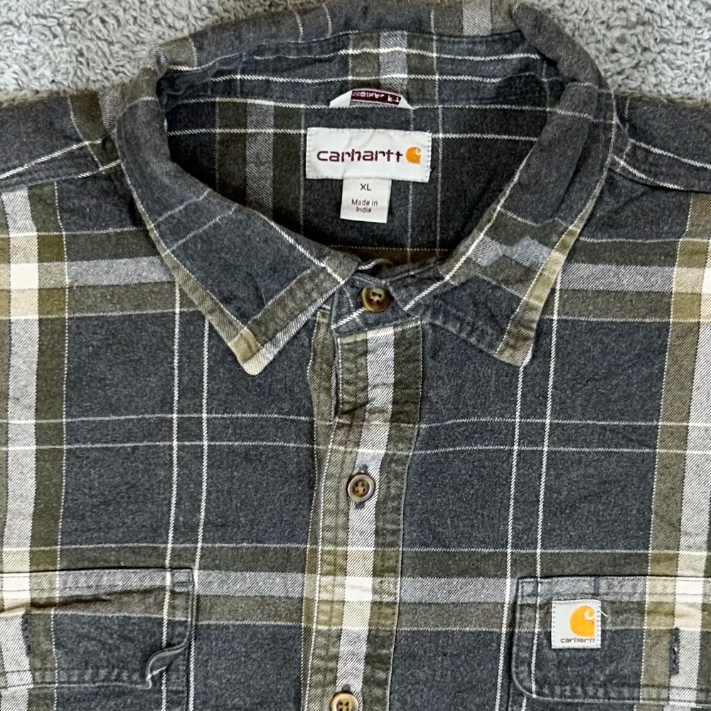 Carhartt Mens XL Original Fit Plaid Flannel Shirt Gray Olive 102815-013